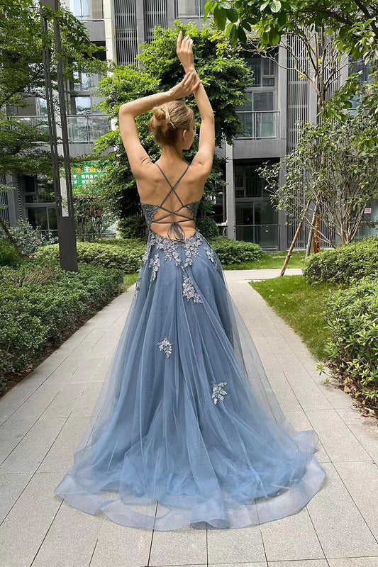 Grey Blue A-Line Tulle Appliques Long Prom Dress with Slit