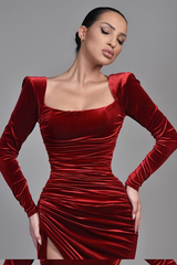 Samt Long Sleeves Square Pleated High Slit Evening Dress