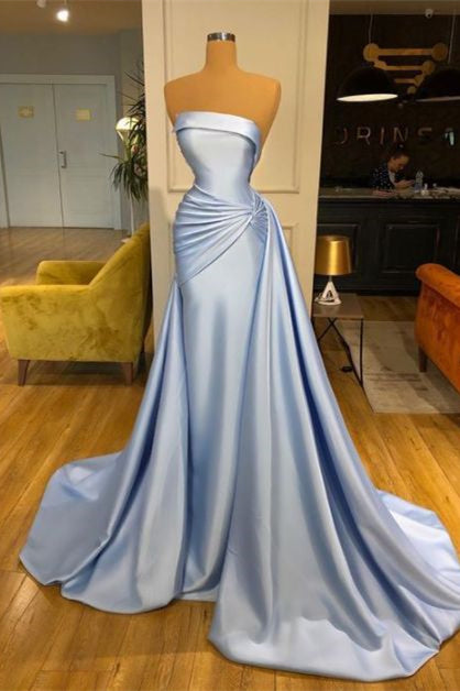 Elegant Strapless Baby Blue Mermaid Evening Dress Long with Ruffle