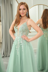 Green A Line Tulle Backless Long Prom Dress With Appliques