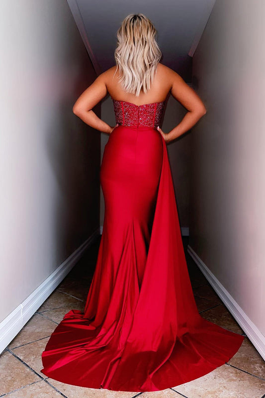 Red Strapless Sequins Prom Dress with Slit