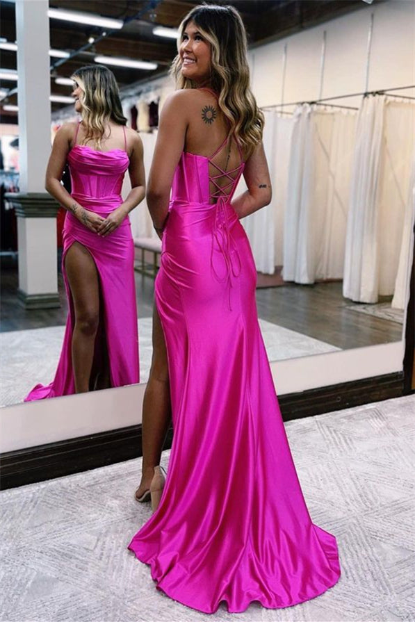 Pleated Spaghetti Strap High Slit Long Evening Dress