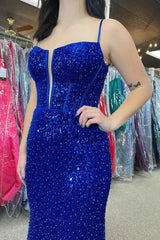 Royal Blue Beaded Sparkly Mermaid Corset Prom Dress