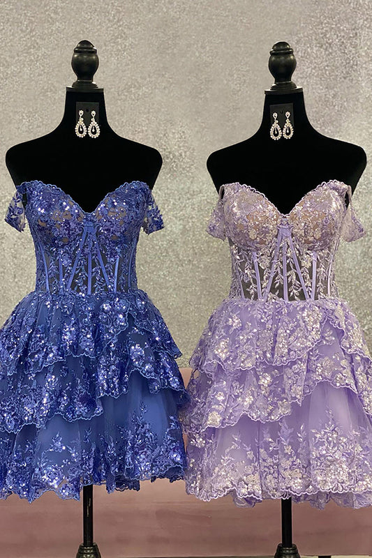 Purple Tiered Graduation Dress Corset Sleeveless Short Cocktail Dress