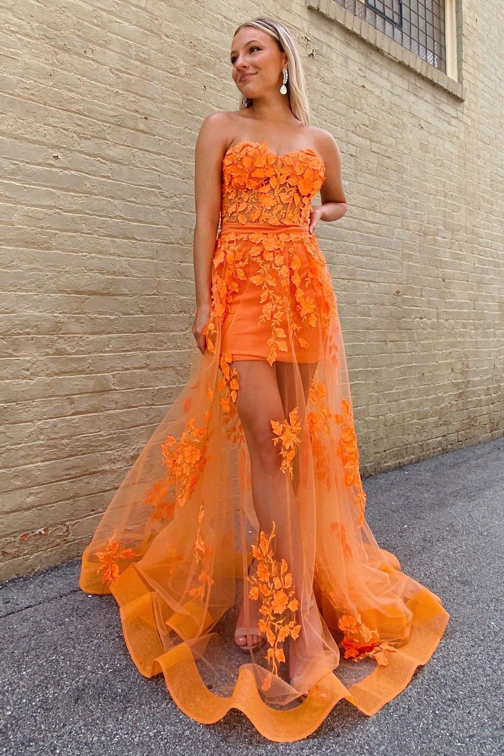 Orange Sheath Corset Long Prom Dress with Appliques