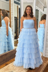 Sparkly Light Blue Beaded Tiered Strapless Long Tulle Prom Dress