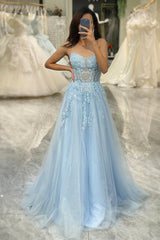 Light Blue A Line Tulle Long Corset Appliqued Prom Dress