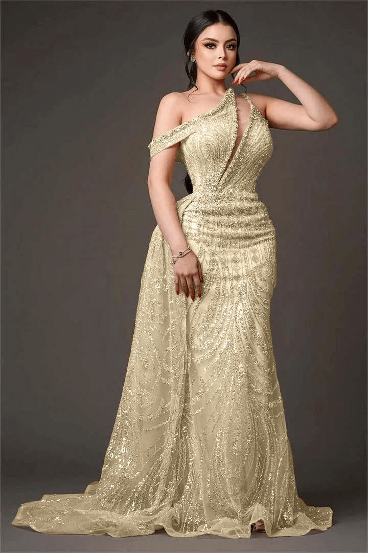 Champagne Mermaid Prom Dress Asymmetric Neck Beaded Evening Dress