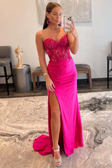 Sparkly Hot Pink Corset Long Sheath Prom Dress with Slit