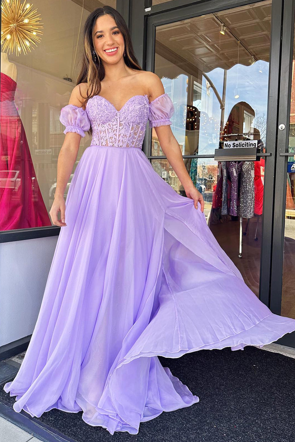 Lilac Corset A-Line Sweetheart Long Chiffon Prom Dress with Slit