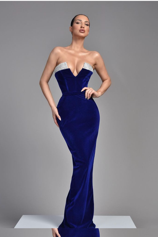 Royal Blue Sleeveless V Neck Samt Evening Dress