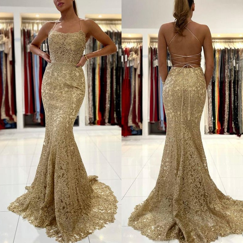 Gold Appliques Mermaid Long Evening Dress