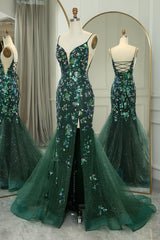 Sparkly Dark Green Mermaid Long Appliqued Prom Dress With Slit