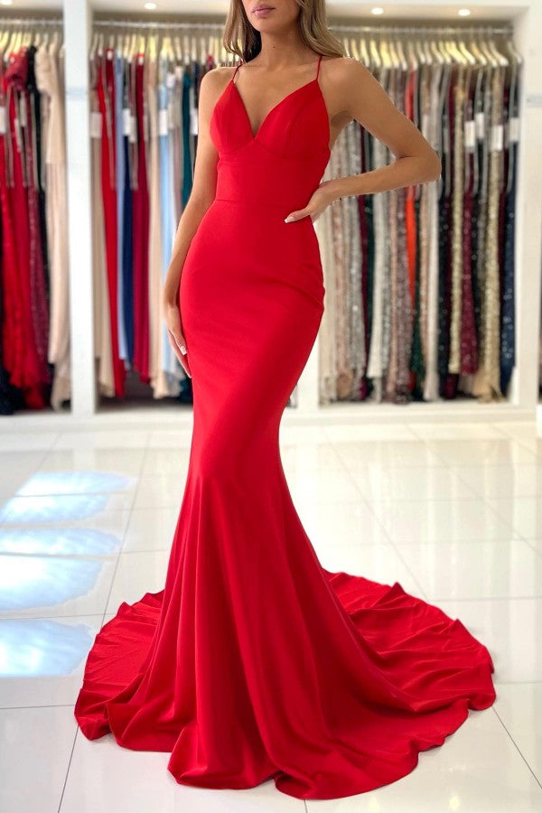 Red Mermaid Evening Dress Spaghetti Strap Long