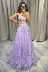 Elegant Purple A Line Tulle Long Prom Dress With Appliques