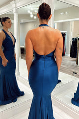 Dark Blue Mermaid Backless Long Prom Dress