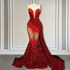 Red Mermaid Style Prom Dress With Sweetheart Sequins And Ruffle