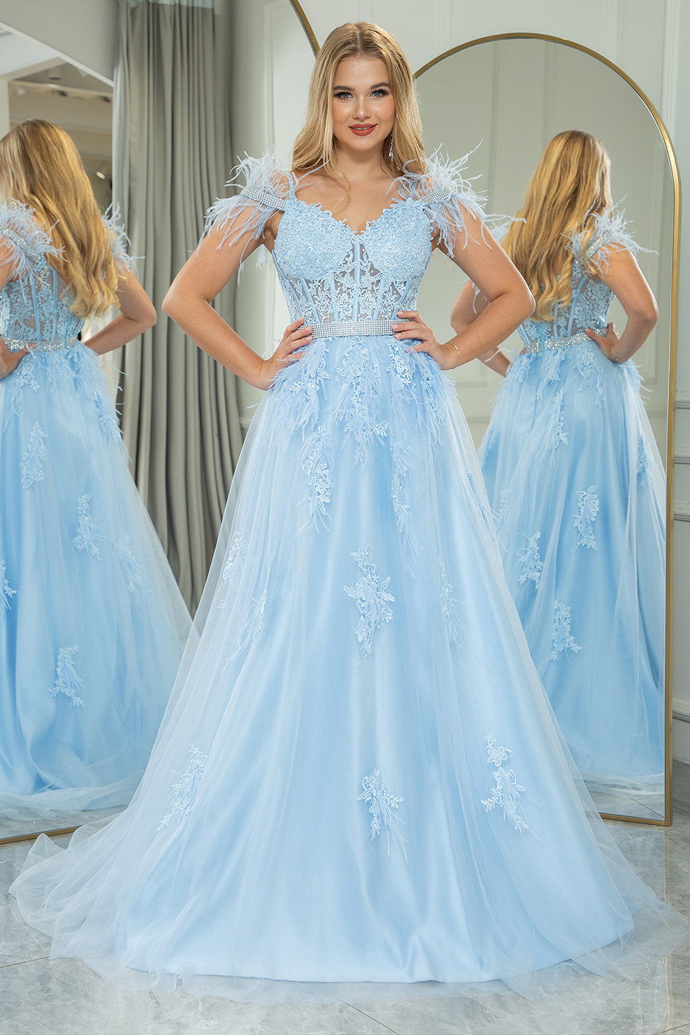 Light Blue A Line Appliqued Long Corset Prom Dress With Feathers