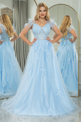 Light Blue A Line Appliqued Long Corset Prom Dress With Feathers