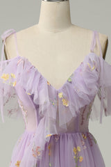 A-Line V-Neck Spaghetti Straps Embroidery Lavender Long Prom Dress with Slit