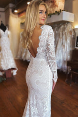 Bohemian White Mermaid Long Lace Wedding Dress with Sleeves