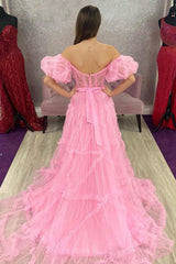 A Line Off the Shoulder Red Tulle Corset Prom Dress with Bowknot