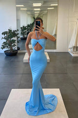 Blue Halter Strapless Mermaid Evening Dress with Sleeveless Online