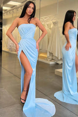 Light Blue Mermaid Evening Dress Long Strapless with Split