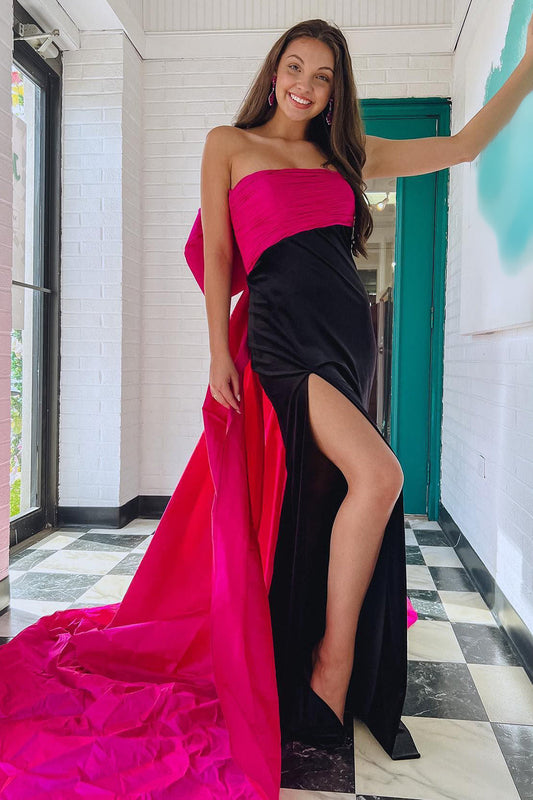 Black Patchwork Strapless Mermaid Long Prom Dress with Back Bowknot