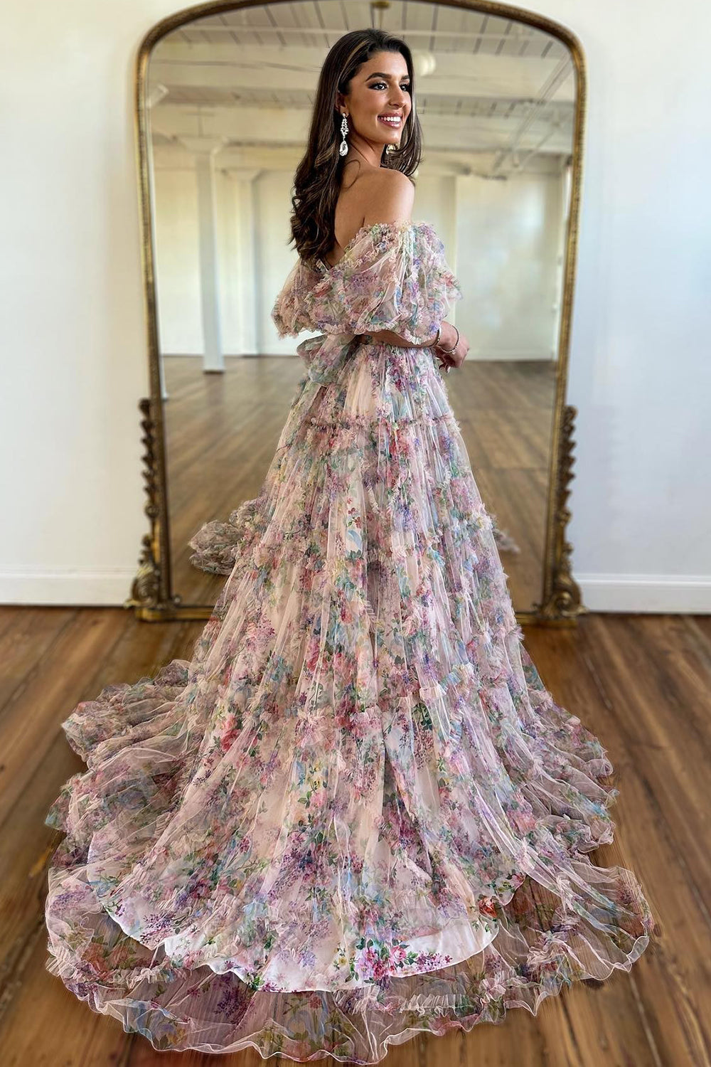 Ivory Red Flower Off The Shoulder Prom Dress