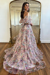 Pink Blue Flower Floral Off the Shoulder Long Prom Dress