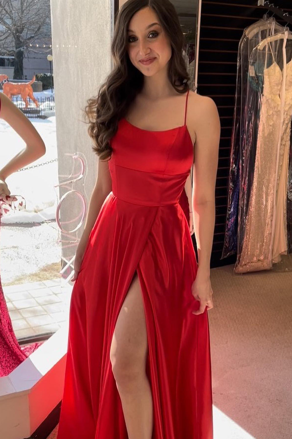 Red Spaghetti Straps Long Prom Dress with Slit