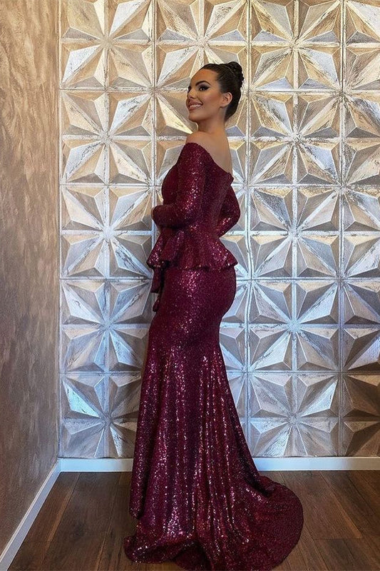 Burgundy Long Sleeve Sequin Mermaid Evening Dress with Split