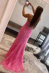 Pink Corset Sweetheart Long Lace Mermaid Prom Dress with Slit