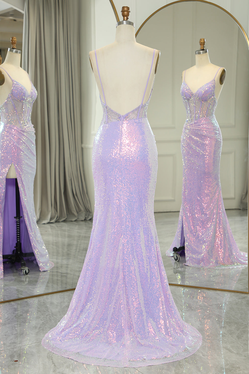 Glitter Light Purple Mermaid Backless Long Corset Prom Dress With Slit