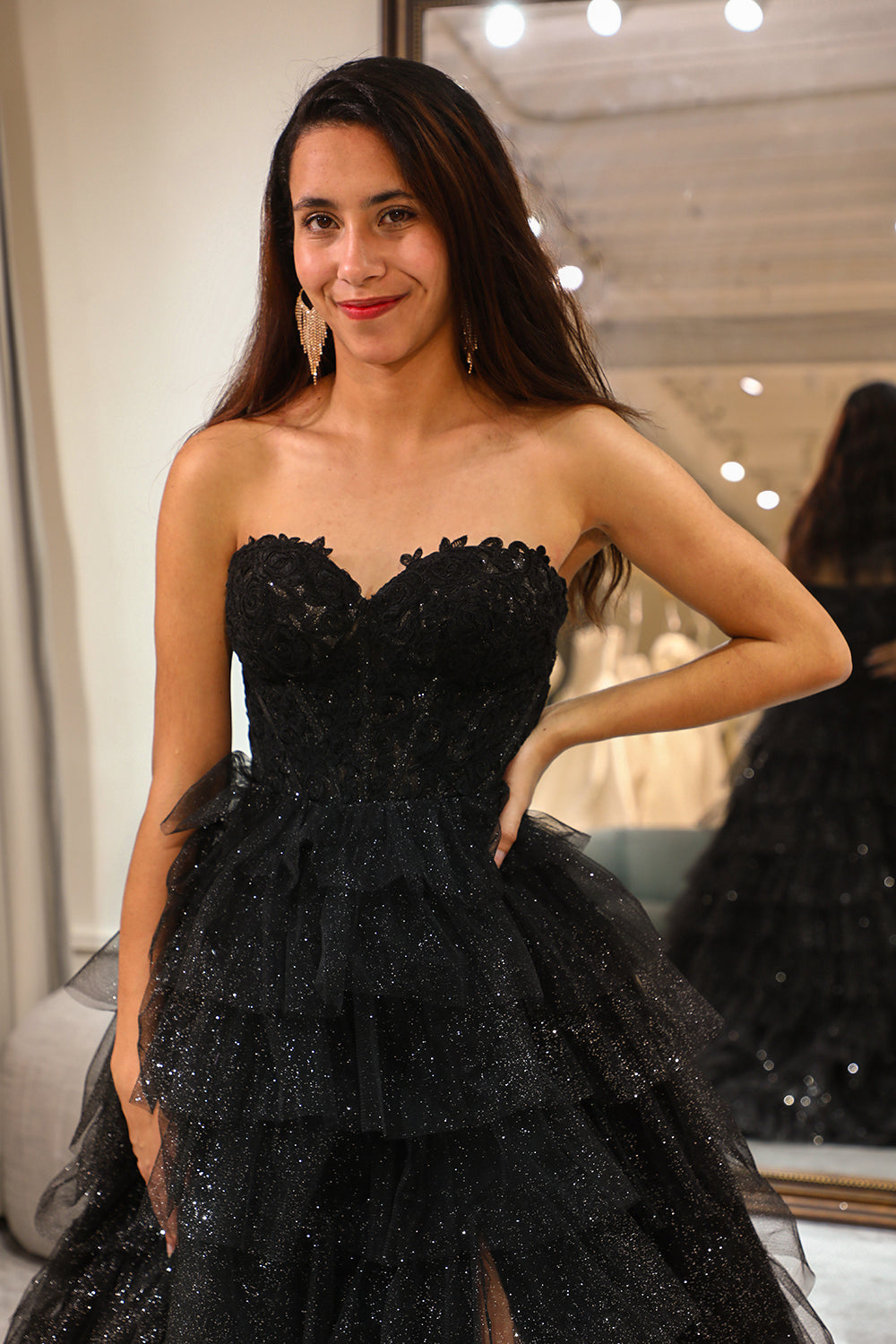 Sparkly Black Long Corset Tiered Detachable Off the Shoulder Prom Dress With Slit