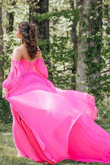 Fuchsia Detachable Sleeves Cut-Out Long Prom Dress with Beading