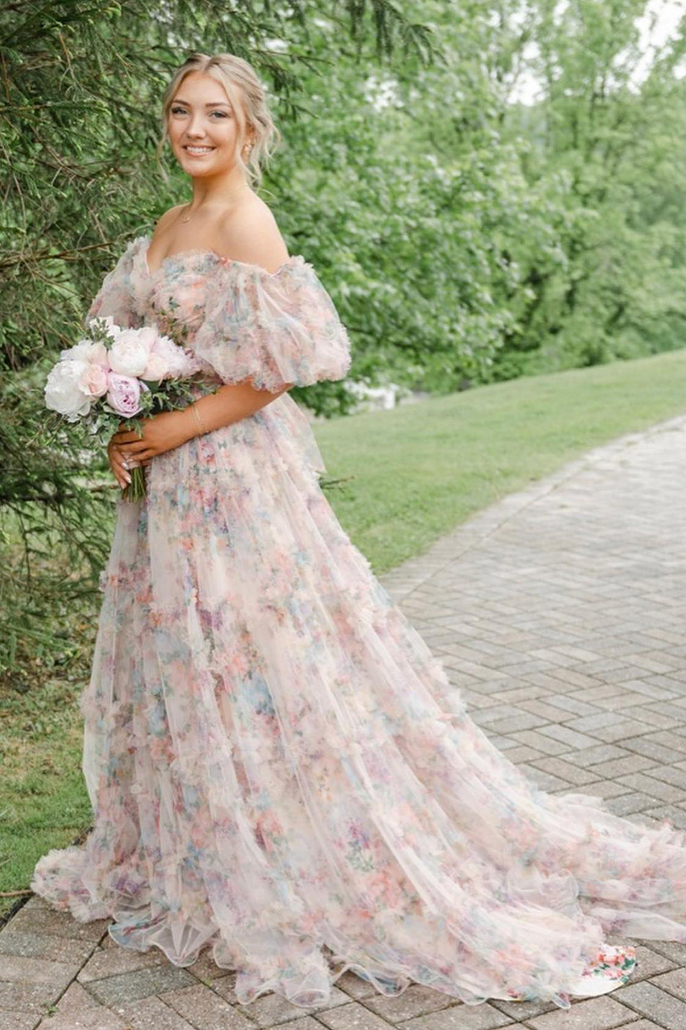 Pink Blue Flower Floral Off the Shoulder Long Prom Dress