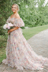 Pink Blue Flower Floral Off the Shoulder Long Prom Dress