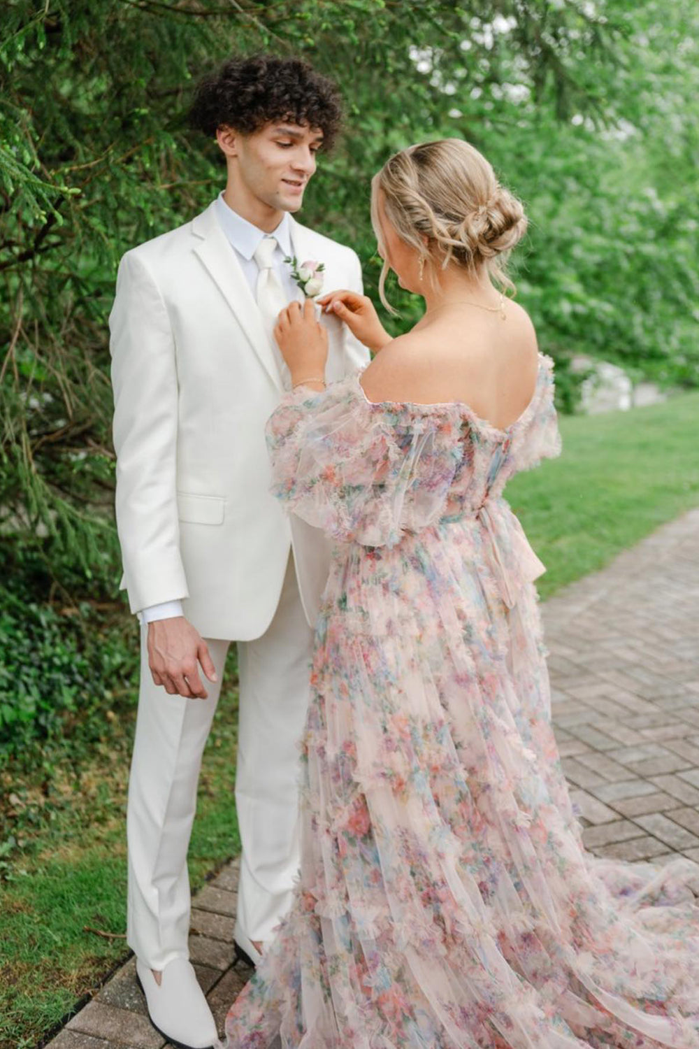 Pink Blue Flower Floral Off the Shoulder Long Prom Dress