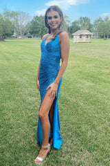 Sparkly Royal Blue Mermaid Sequins Long Prom Dress with Slit