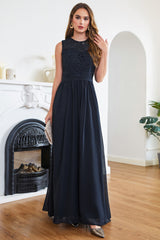 Navy Bridesmaid Dress Crew Neck Lace Chiffon Evening Dress