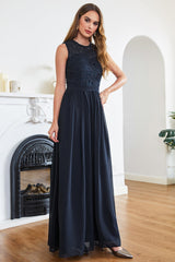 Navy Bridesmaid Dress Crew Neck Lace Chiffon Evening Dress