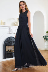 Navy Bridesmaid Dress Crew Neck Lace Chiffon Evening Dress