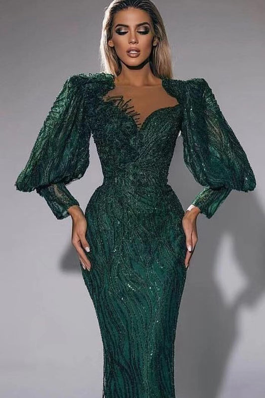 Dark Green Sweetheart Mermaid Evening Dress Long Sleeves with Sequins