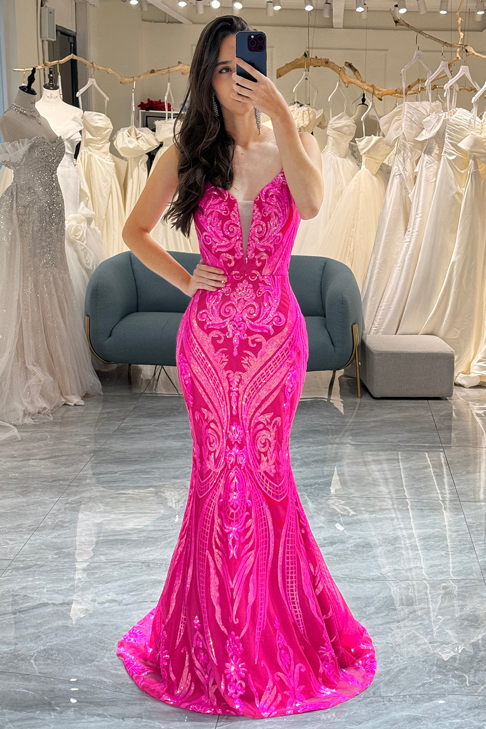 Fuchsia Mermaid Backless Long Prom Dress With Appliques