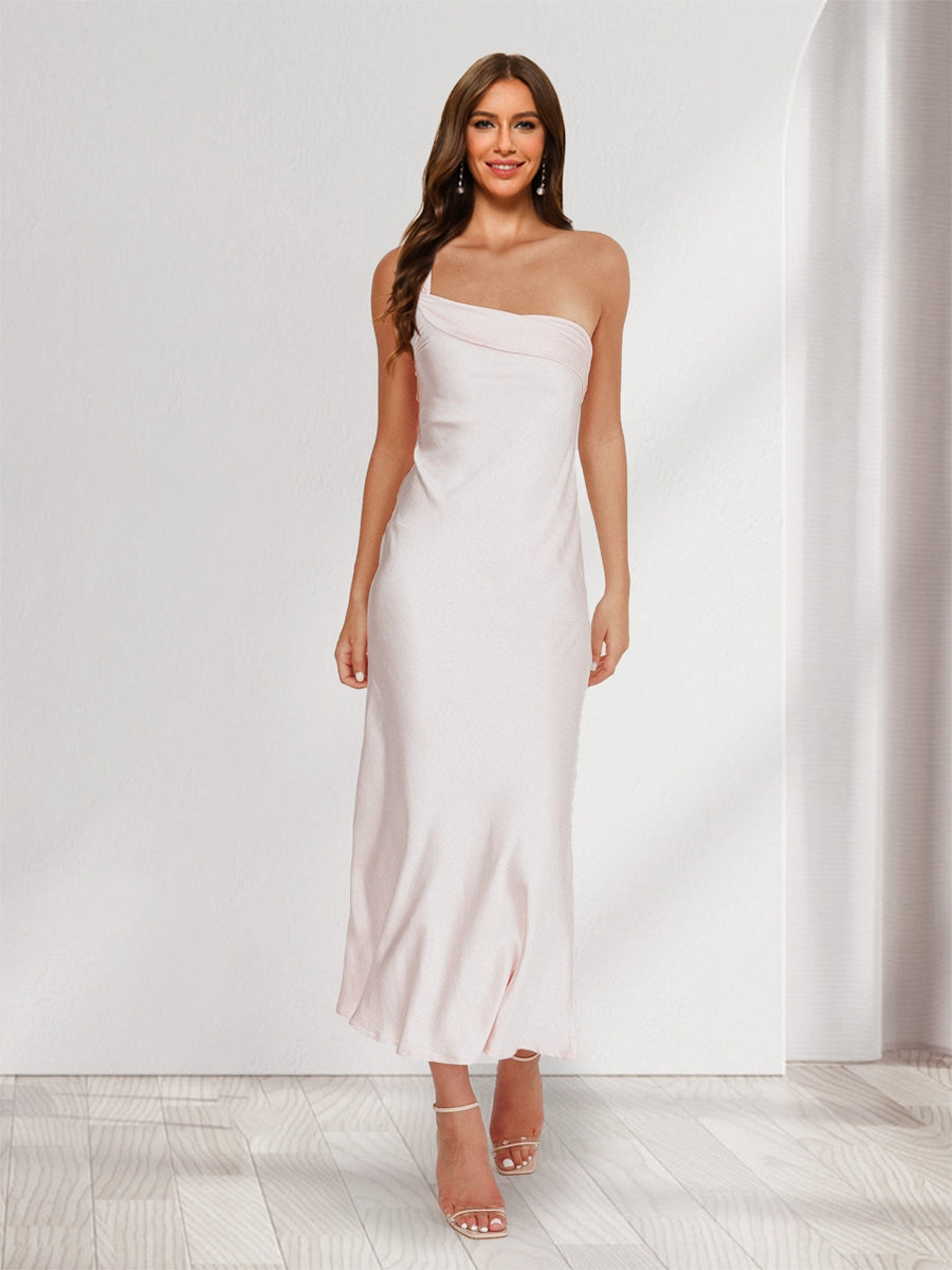 Sheath/Column One-Shoulder Ruffle Maxi Dresses Long Bridesmaid Dresses Pearl Pink