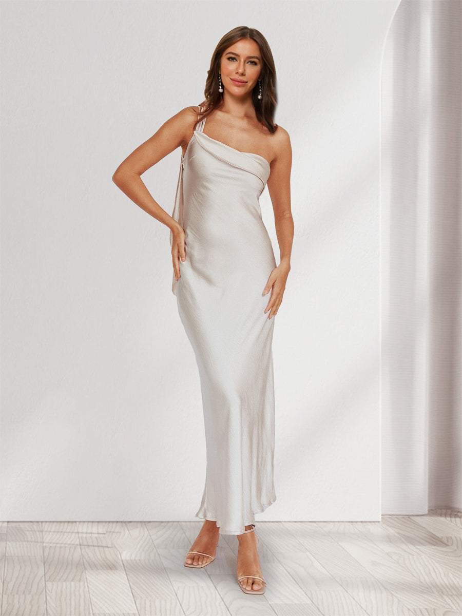 Sheath/Column One-Shoulder Ruffle Maxi Dresses Long Bridesmaid Dresses Light Taupe