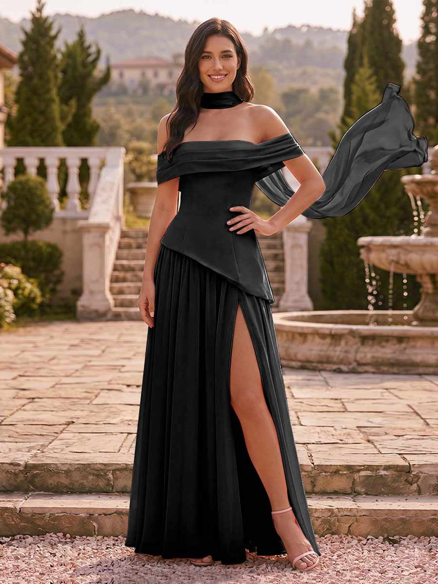 Chiffon Sheath/Column Off-the-Shoulder Floor-Length Bridesmaid Dress With Scarf & Split Side Black