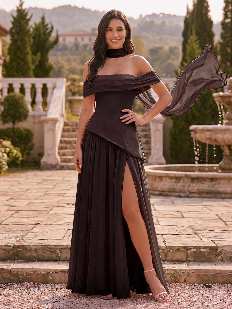 Chiffon Sheath/Column Off-the-Shoulder Floor-Length Bridesmaid Dress With Scarf & Split Side Brown